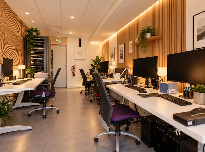 Office workstations with monitors and computer equipment