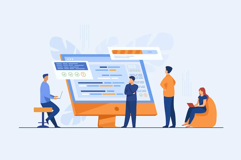 Illustration of a team working with business software